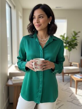 LILYSILK Mulberry Silk Blouse Emerald Green Size S